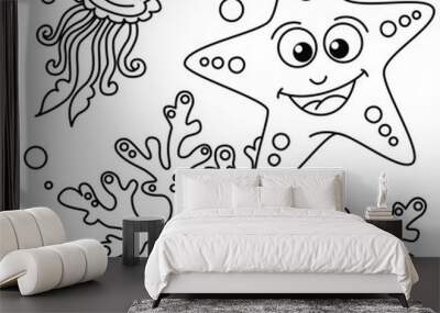 Funny star fish cartoon characters vector illustration. For kids coloring book. Wall mural