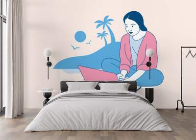 Illustrations of Beautiful digital nomad woman enjoy working with laptop on the beach design concept Wall mural