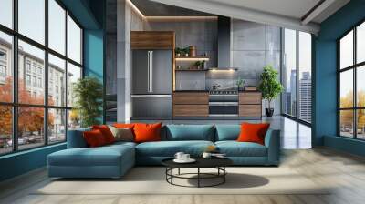 Stylish home kitchen interior with cooking cabinet, refrigerator on grey concrete floor. Cooking space in modern apartment with panoramic window on skyscrapers. 3D rendering Wall mural