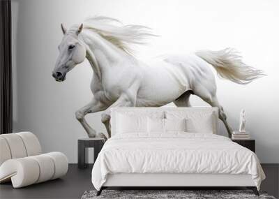 White horse with long mane run free gallop isolated on white Wall mural