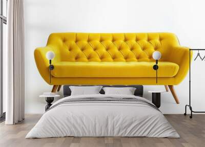 Yellow modern sofa with button tufts and angular wooden legs isolated  Wall mural