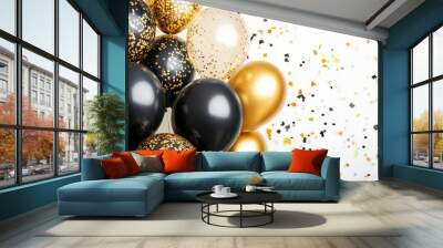 Black and gold balloons floating with falling confetti on white background Black Friday Wall mural