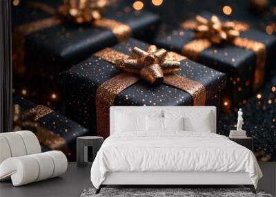 Black gift boxes with gold ribbon on glitter background for christmas Wall mural