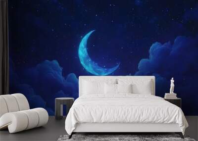 Bright blue crescent moon shines over a deep blue night sky, casting a gentle glow on the clouds below, creating a serene and tranquil scene evoking wonder and magic in the dark celestial evening Wall mural