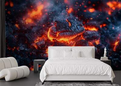 Burning charcoal embers glowing red hot with flames Wall mural