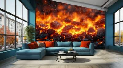 Burning hot coals glowing in the dark with sparks flying Wall mural