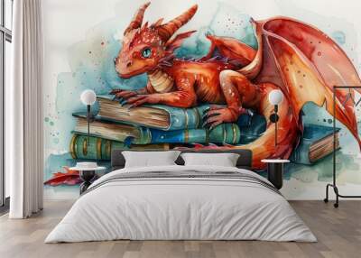 Cheerful dragon reading books watercolor illustration Wall mural