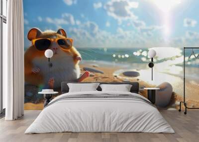 Chill hamster enjoying a sunny beach vacation Wall mural