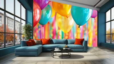 Colorful balloons with festive ribbons background Wall mural