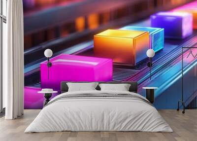 Colorful glowing cubes moving on conveyor belt Wall mural