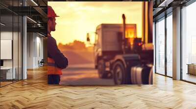 Construction site supervisor overseeing operations at sunset Wall mural