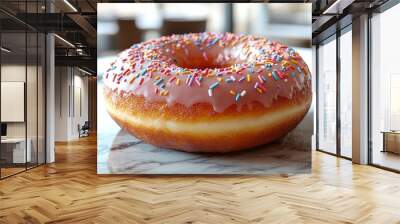 Delicious donut with pink icing and sprinkles resting on marble countertop Wall mural