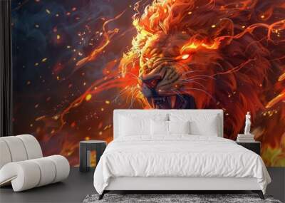 Fiery lion roaring in flames Wall mural