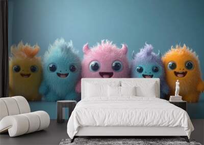 Five cute furry monsters smiling and having fun together Wall mural