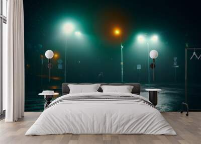 fog in the night city after rain, car headlights Wall mural