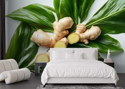 Fresh ginger root with green leaves on white background Wall mural