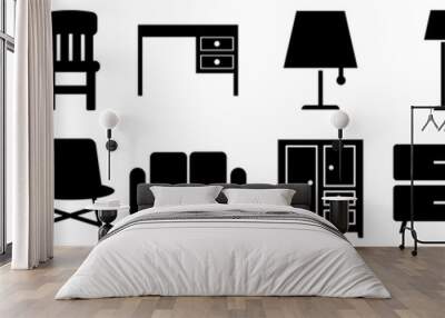 Furniture black icons Vector set. bed and armchair illustration symbol collection. cupboard logo. Wall mural