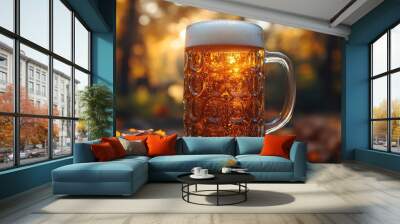 Glass of beer is standing on a stump with autumn leaves in a forest at sunset Wall mural