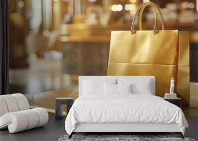 Golden shopping bag standing on table in luxury boutique Wall mural