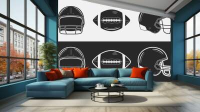 American football set. Football helmets, front and side views. Football ball. Black and white. Vintage design elements. Vector illustration Wall mural