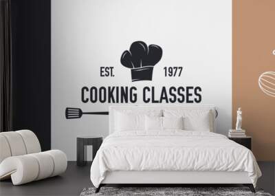 Cooking logo set. Logo for cooking classes with spatula and whisk. Typography Culinary school, food studio, cooking courses. Vector logo, poster, label, sticker template. Wall mural