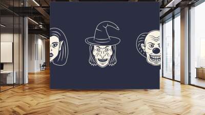 Halloween characters icons set. Vampire, Witch, Mad Clown. Halloween icons isolated on black background. Design elements for logo, poster, emblem. Vector illustration Wall mural