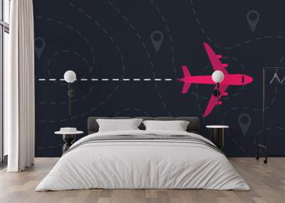 Plane flies over a landscape with map pointers and dashed lines. Motivation or travel concept. Vector illustration Wall mural