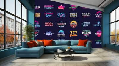 Retro 80s logo and signs. Vaporwave, Synthwave logo set for Night club, Casino, music album, party invitation designs. Print for t-shirt, tee. 40 colorful neon logo designs. Wall mural