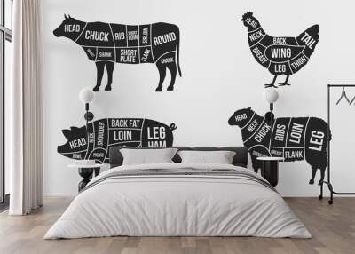 Set of Meat diagrams. Cuts of meat. Cow, Chicken, Pig and Sheep silhouette isolated on white background. Vintage Posters for butcher shop. Vector illustration Wall mural