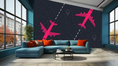 Two Planes with dashed lines flies over a landscape with map pointers. Travel and Vacations concept. Travel banner. Vector illustration Wall mural