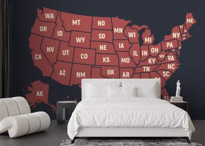 United States of America retro poster map. USA map with short state names. Vector US map with states. Wall mural