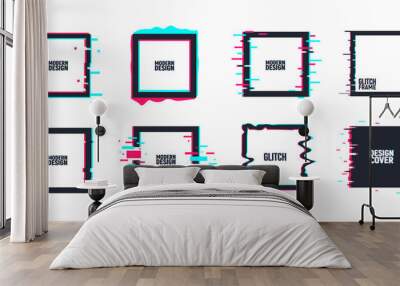 Vector set of geometric square frames in distorted glitch style. Set of square shape borders, covers. Modern background for posters, banners, flyers, covers. Wall mural