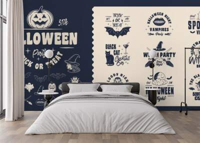 Vintage Halloween logo set. Set of 10 halloween logo templates and 19 design elements for Spooky Party emblems. Prints for t-shirt, typography. Vector illustration Wall mural