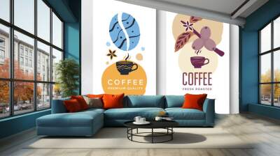 Coffee Packaging design. Vector label with coffee branch, bean and cup. Wall mural