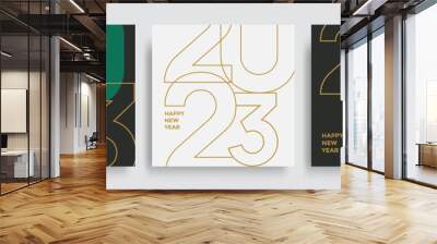 Composition of linear golden color numbers for New Year 2023 posters. Christmas card with holiday typography. Vector Wall mural