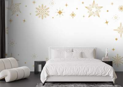 Golden stars and snowflakes in minimalist line art style, arranged on white background with plenty of space, elegant and festive frame Wall mural