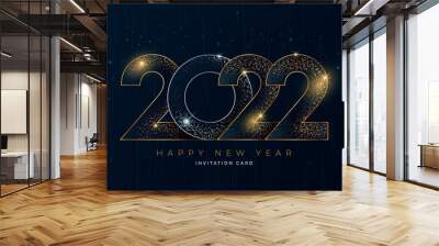 Happy New Year 2022 gold numbers typography greeting card design on dark background. Christmas invitation poster with golden glitter 3d numeral Wall mural