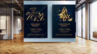 Happy New Year 2022 gold numbers typography greeting card design on dark background. Merry Christmas invitation poster with golden decoration elements. Wall mural