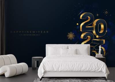 Happy New Year 2023 gold numbers typography greeting card design. Merry Christmas invitation poster with golden decoration elements. Wall mural