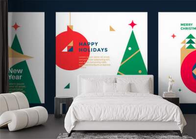 New Year and Christmas greeting card design. Vector illustrations for holiday post graphic with christmas tree, toy, bell. Wall mural