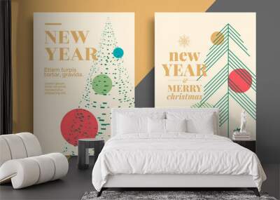 New Year greeting card design with stylized christmas tree and balls. Merry Christmas invite posters. Vector line illustration Wall mural