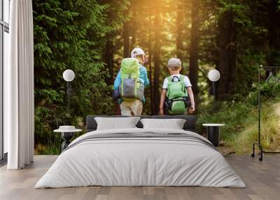 Group of children with backpacks trekking in green summer Carpathians Wall mural