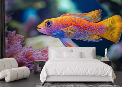 Orange and blue reef fish swimming near coral Wall mural