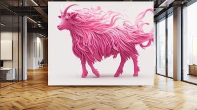 Pink goat walking with flowing fur on white background Wall mural