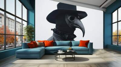 Plague doctor wearing historical costume and mask posing in profile Wall mural