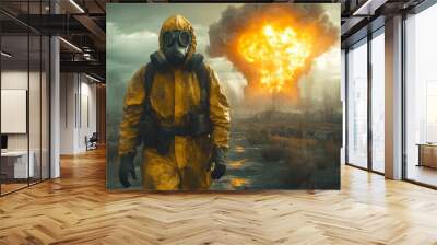 Scientist wearing gas mask walking through wasteland with explosion Wall mural