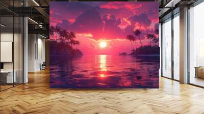 Serene sunset over a tranquil tropical island with vivid sky and water reflections Wall mural