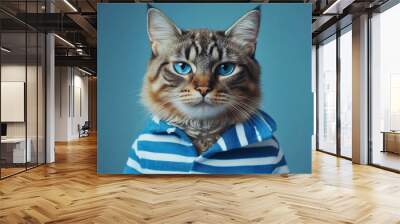 Serious cat with blue eyes wearing blue and white striped shirt Wall mural