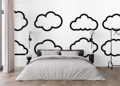 Set of clouds in a linear style. Cloud in line or outline collection. Vector illustration. Wall mural