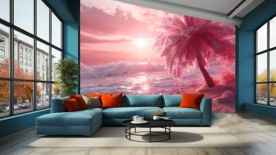 Surreal pink tropical beach sunset Wall mural